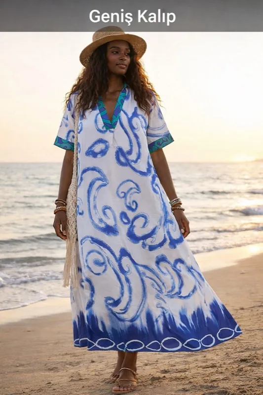 Kaftan lungo bianco e blu