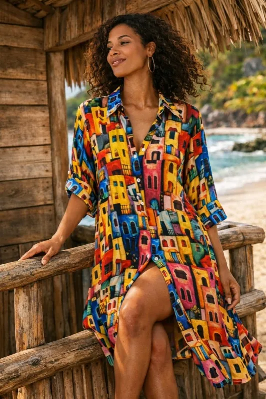 Kaftan camicia colorata stampa palazzi