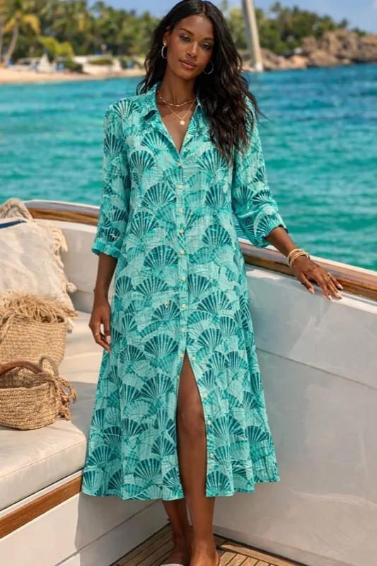 Kaftan camicia verde acqua con conchiglie