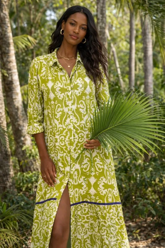 Kaftan camicia verde lime con fantasia