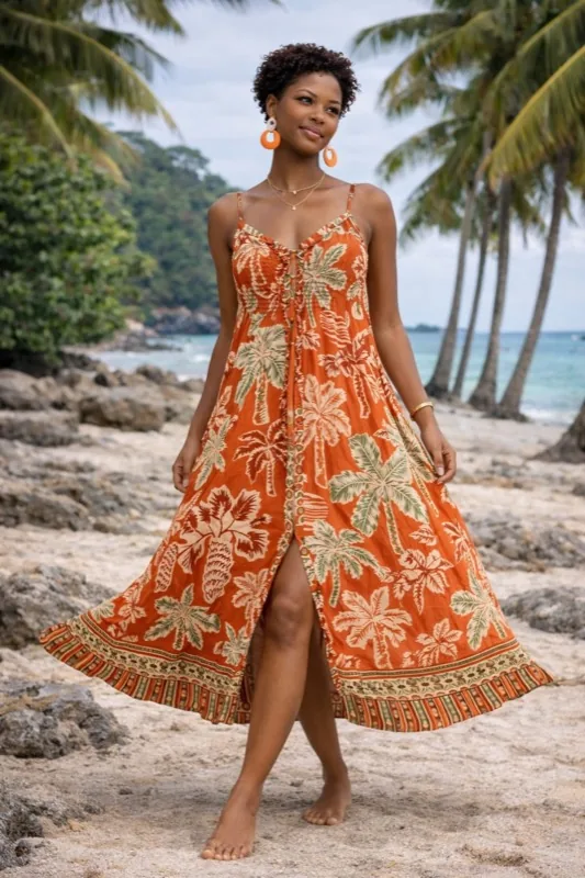 Vestito lungo arancione tropical