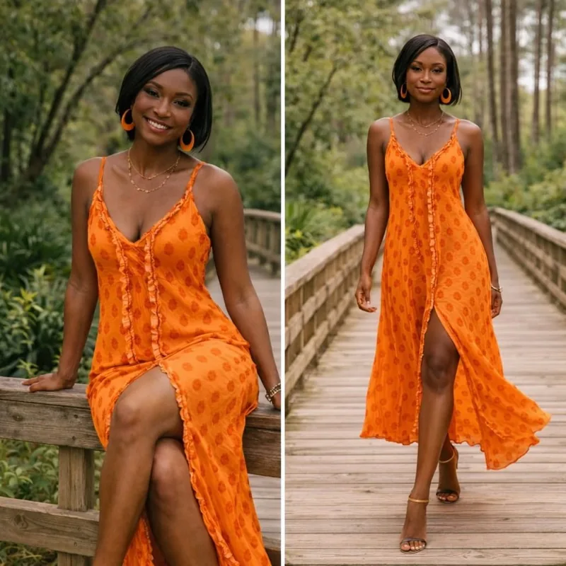 Vestito lungo arancione con bottoni