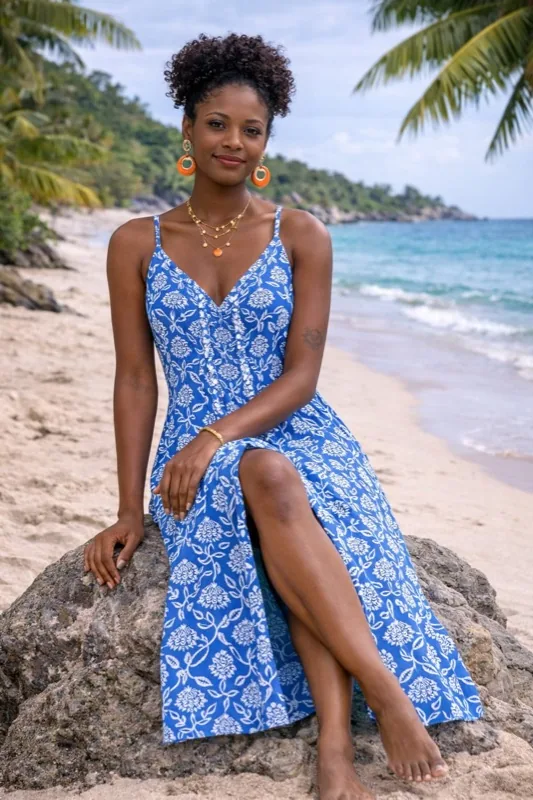 Vestito lungo blu con decorazioni bianche