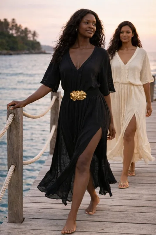 Vestito lungo nero e beige con cintura