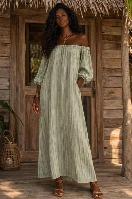 Vestito lungo verde off-shoulder