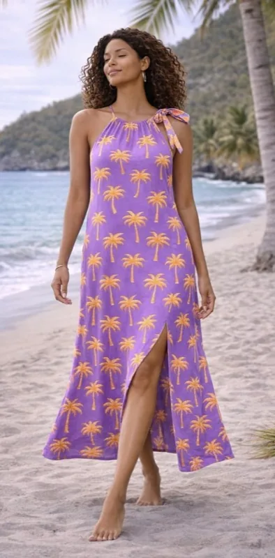 Vestito lungo viola con palme arancioni